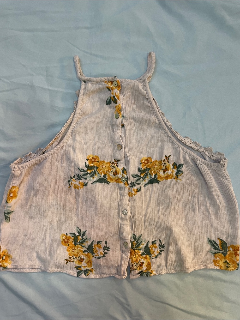 Sleeveless White Floral Halter Crop Tank Top with Yellow Blooms - Picture 2 of 3